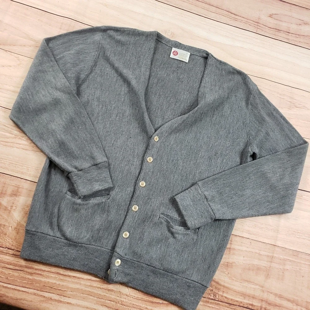 VINTAGE Kings Road‎ Sweater Mens Large Gray Cardigan Knit Open Front Preppy